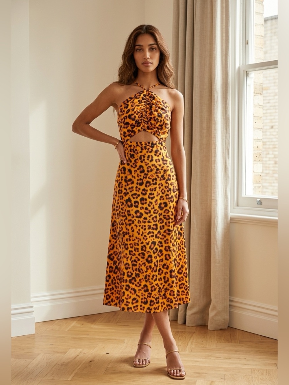 Sandro leopard print cutout ruched satin twill midi dress